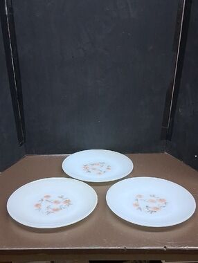 Fire King Fleurette Milk Glass Dinner Plates -3 pc. With Pink Floral (#1)